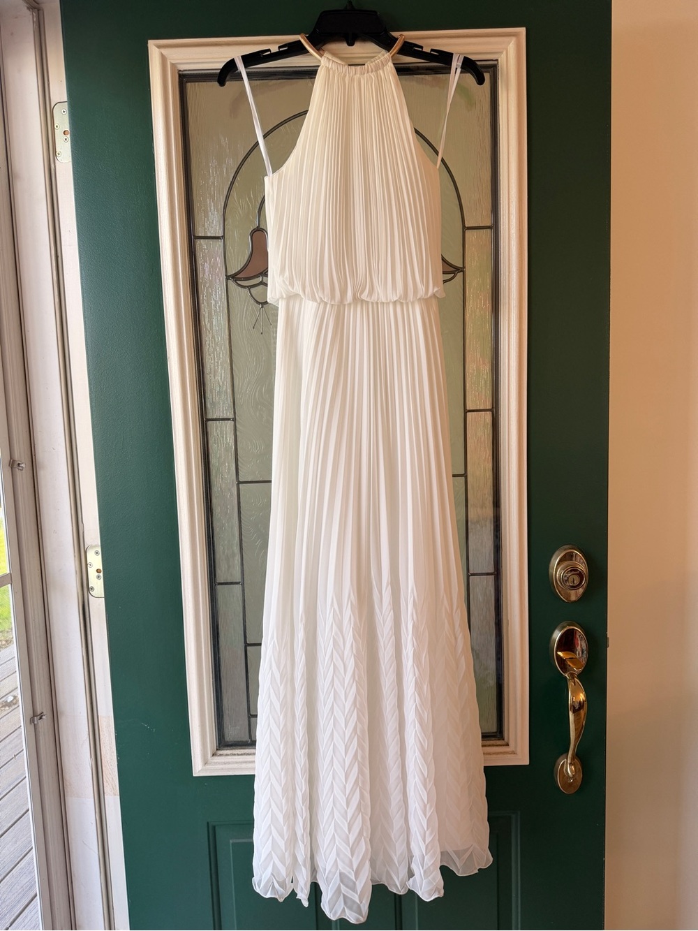 Xscape White Pleated Halter Maxi Dress